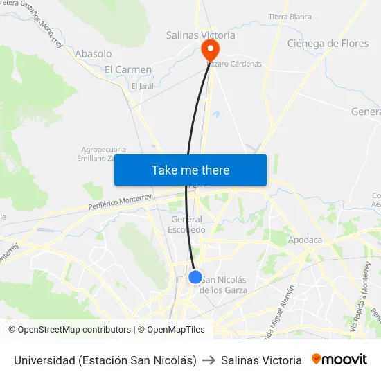 Universidad (Estación San Nicolás) to Salinas Victoria map