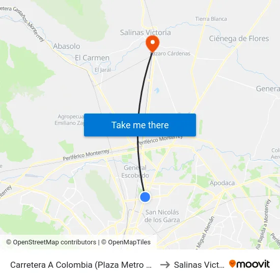 Carretera A Colombia (Plaza Metro Sendero) to Salinas Victoria map
