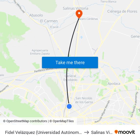 Fidel Velázquez (Universidad Autónoma de Nuevo León) to Salinas Victoria map