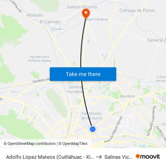 Adolfo López Mateos (Cuitláhuac - Xicoténcatl) to Salinas Victoria map