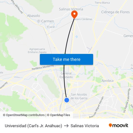 Universidad (Carl's Jr. Anáhuac) to Salinas Victoria map