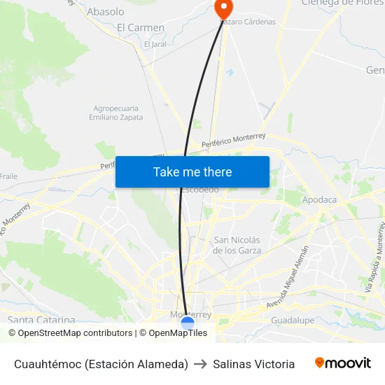 Cuauhtémoc (Estación Alameda) to Salinas Victoria map