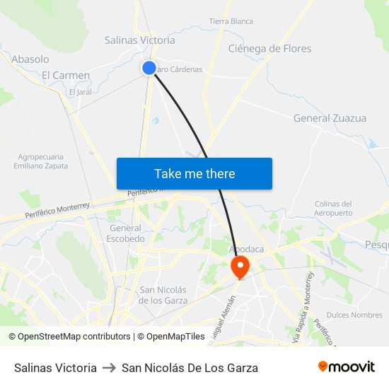 Salinas Victoria to San Nicolás De Los Garza map