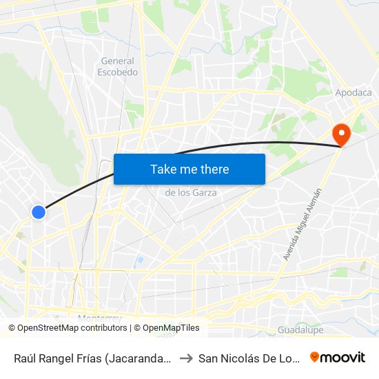 Raúl Rangel Frías (Jacarandas - Aztlán) to San Nicolás De Los Garza map