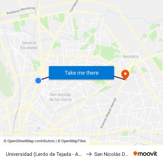 Universidad (Lerdo de Tejada - Anastasio Bustamante) to San Nicolás De Los Garza map