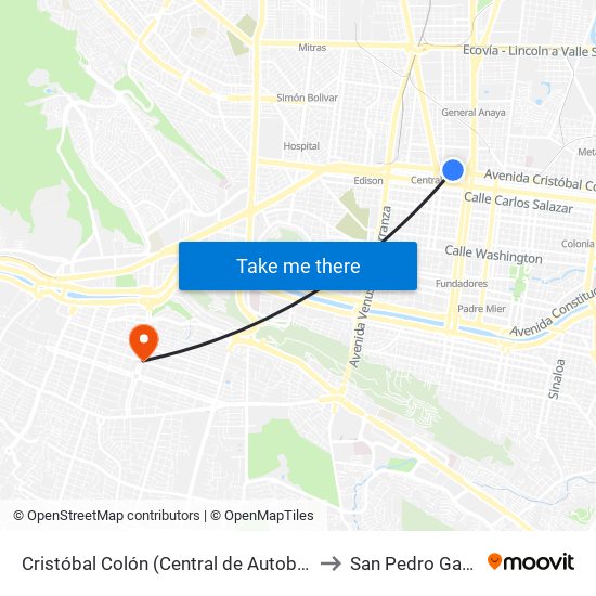 Cristóbal Colón (Central de Autobuses de Monterrey) to San Pedro Garza García map