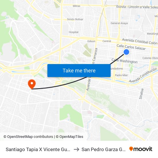 Santiago Tapia X Vicente Guerrero to San Pedro Garza García map