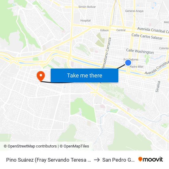 Pino Suárez (Padre Mier - Miguel Hidalgo) to San Pedro Garza García map