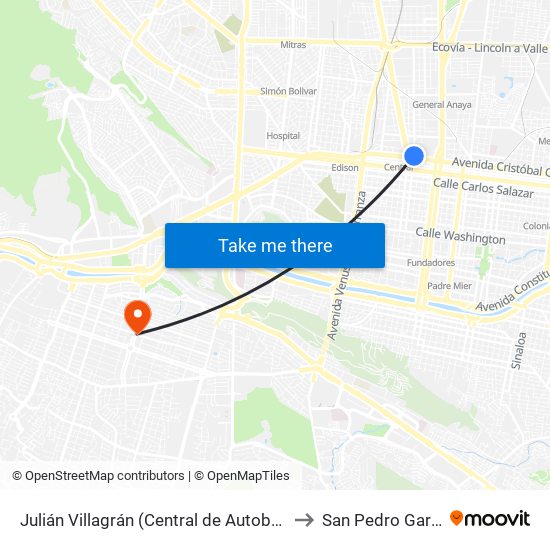 Julián Villagrán (Central de Autobuses de Monterrey) to San Pedro Garza García map