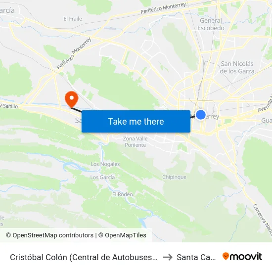 Cristóbal Colón (Central de Autobuses de Monterrey) to Santa Catarina map