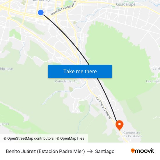 Benito Juárez (Estación Padre Mier) to Santiago map