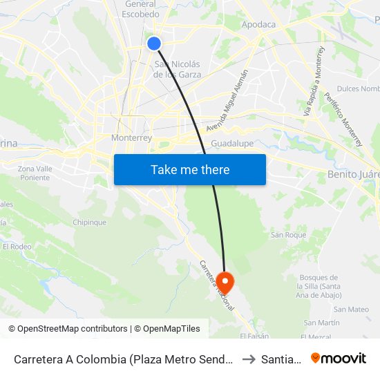 Carretera A Colombia (Plaza Metro Sendero) to Santiago map