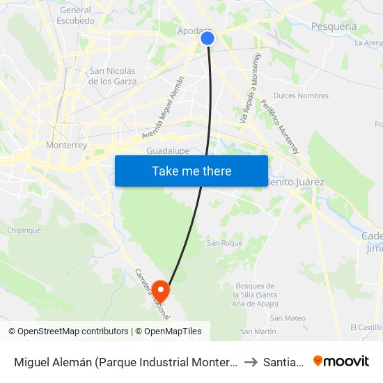 Miguel Alemán (Parque Industrial Monterrey) to Santiago map
