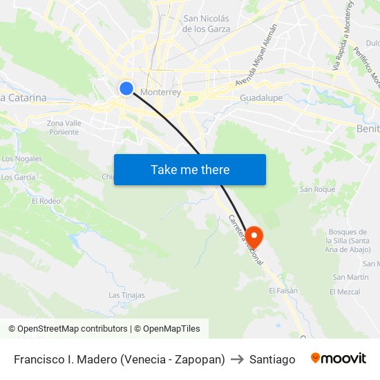 Francisco I. Madero (Venecia - Zapopan) to Santiago map