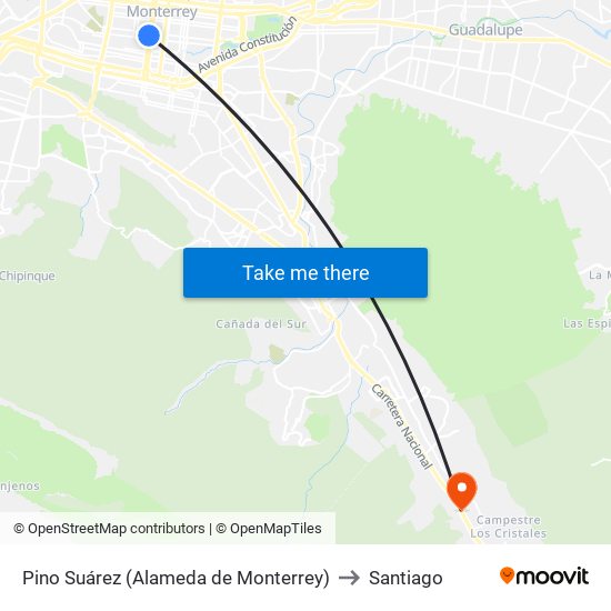 Pino Suárez (Alameda de Monterrey) to Santiago map