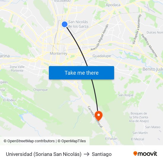 Universidad (Soriana San Nicolás) to Santiago map