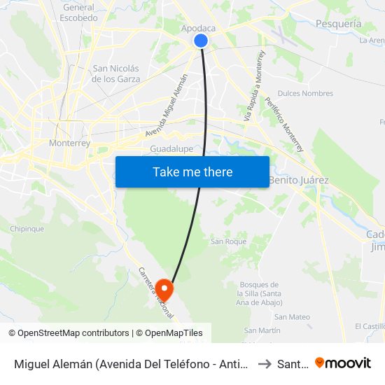 Miguel Alemán (Avenida Del Teléfono - Antiguo Camino A Huinalá) to Santiago map