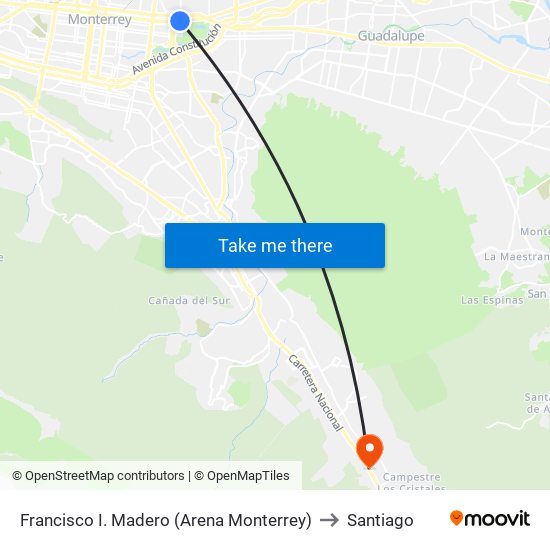 Francisco I. Madero (Arena Monterrey) to Santiago map