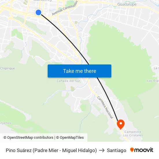 Pino Suárez (Padre Mier - Miguel Hidalgo) to Santiago map