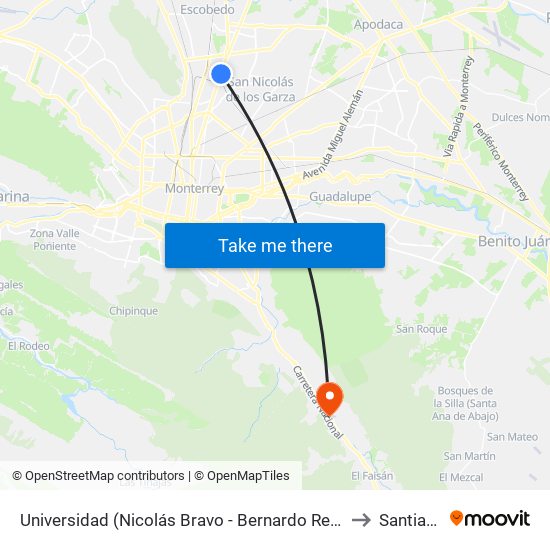 Universidad (Nicolás Bravo - Bernardo Reyes) to Santiago map