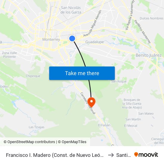 Francisco I. Madero (Const. de Nuevo León - Churubusco) to Santiago map