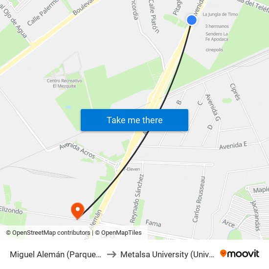 Miguel Alemán (Parque Kalos Apodaca) to Metalsa University (Universidad Metalsa) map