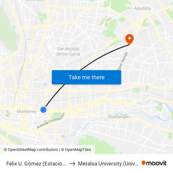 Félix U. Gómez (Estación Félix U. Gómez) to Metalsa University (Universidad Metalsa) map