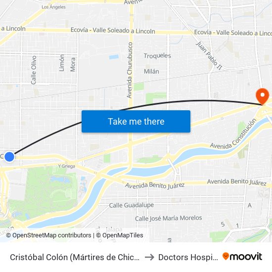 Cristóbal Colón (Mártires de Chicago - Cananea) to Doctors Hospital East map