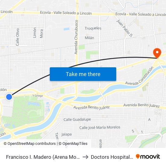 Francisco I. Madero (Arena Monterrey) to Doctors Hospital East map