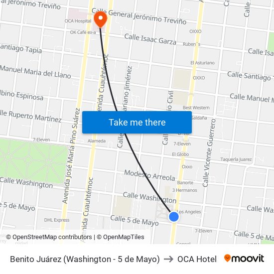 Benito Juárez (Washington - 5 de Mayo) to OCA Hotel map