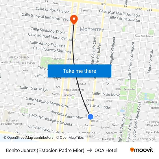 Benito Juárez (Estación Padre Mier) to OCA Hotel map