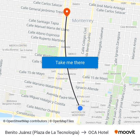 Benito Juárez (Plaza de La Tecnología) to OCA Hotel map