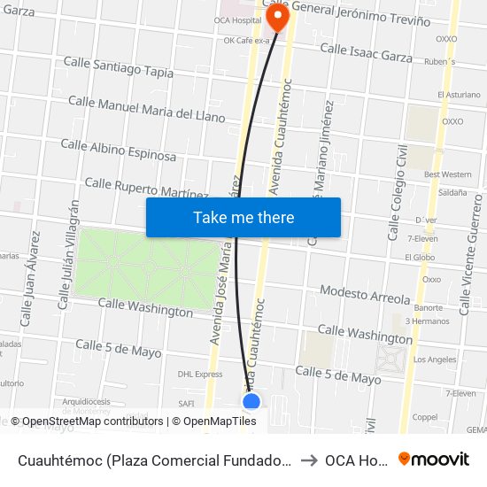 Cuauhtémoc (Plaza Comercial Fundadores) to OCA Hotel map