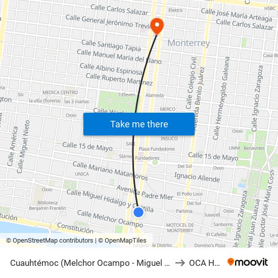 Cuauhtémoc (Melchor Ocampo - Miguel Hidalgo) to OCA Hotel map