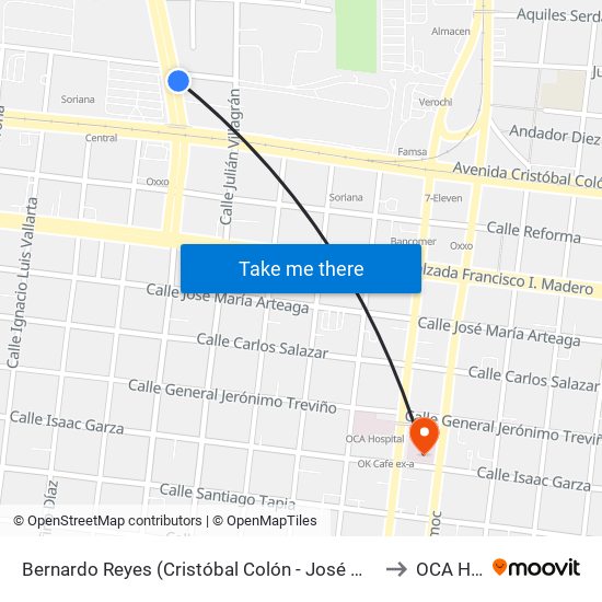 Bernardo Reyes (Cristóbal Colón - José M. Domínguez) to OCA Hotel map