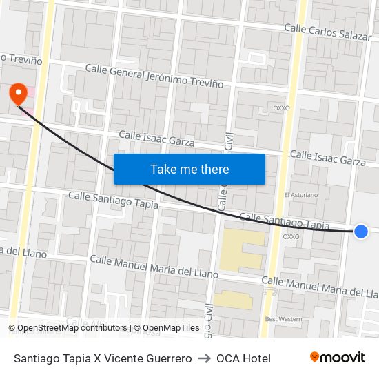 Santiago Tapia X Vicente Guerrero to OCA Hotel map
