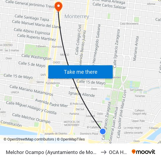 Melchor Ocampo (Ayuntamiento de Monterrey) to OCA Hotel map