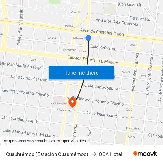 Cuauhtémoc (Estación Cuauhtémoc) to OCA Hotel map