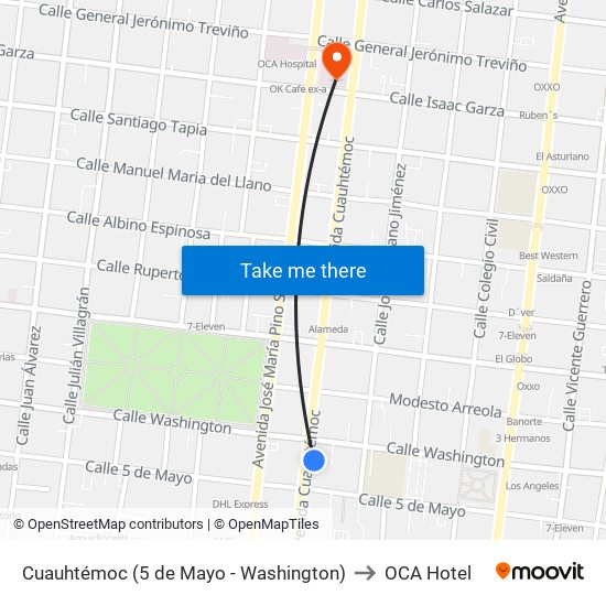 Cuauhtémoc (5 de Mayo - Washington) to OCA Hotel map