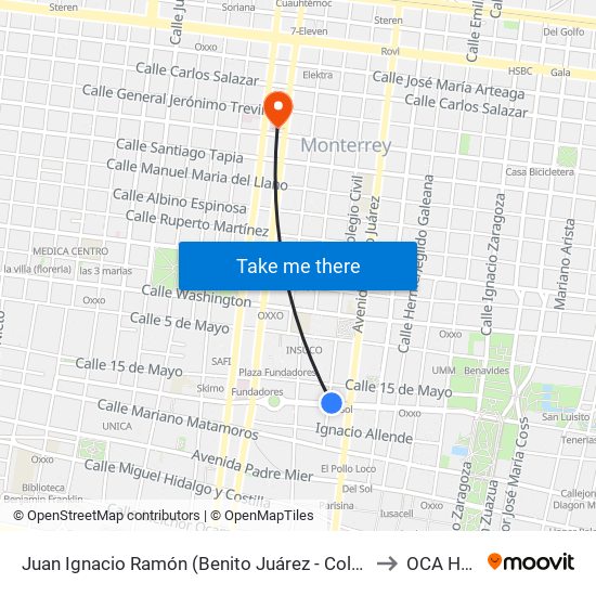 Juan Ignacio Ramón (Benito Juárez - Colegio Civil) to OCA Hotel map