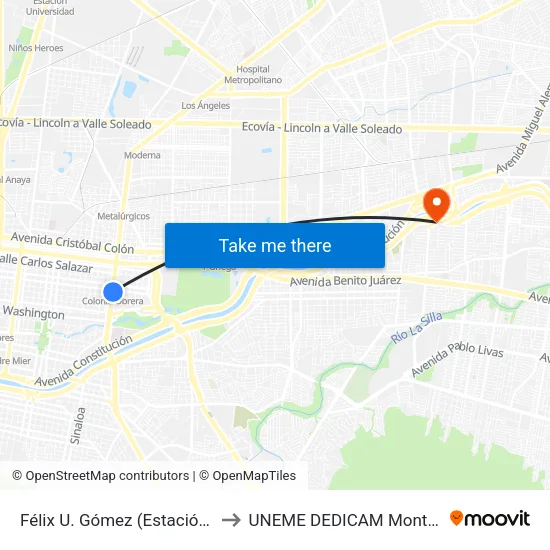 Félix U. Gómez (Estación Colonia Obrera) to UNEME DEDICAM Monterrey Nuevo León map