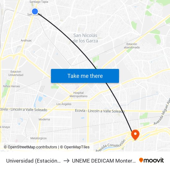 Universidad (Estación San Nicolás) to UNEME DEDICAM Monterrey Nuevo León map