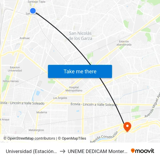 Universidad (Estación San Nicolás) to UNEME DEDICAM Monterrey Nuevo León map