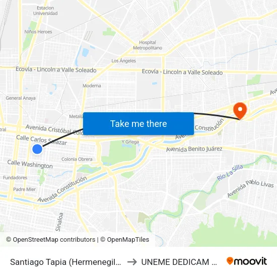 Santiago Tapia (Hermenegildo Galeana - Emilio Carranza) to UNEME DEDICAM Monterrey Nuevo León map