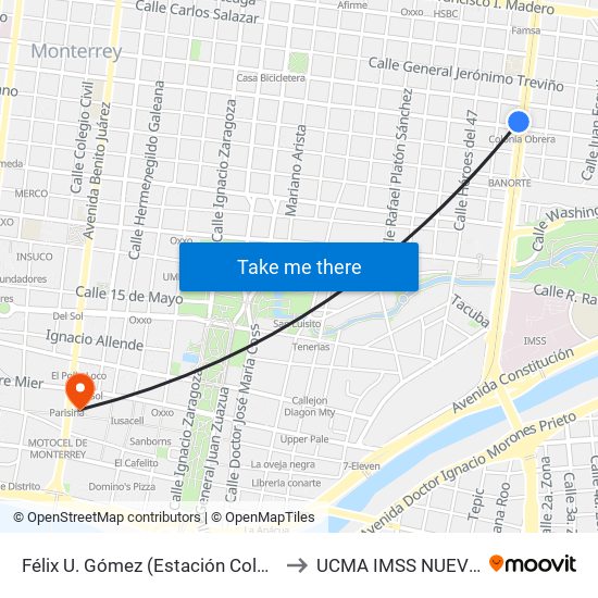 Félix U. Gómez (Estación Colonia Obrera) to UCMA IMSS NUEVO LEON map