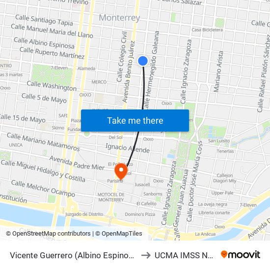 Vicente Guerrero (Albino Espinosa - Ruperto Martínez) to UCMA IMSS NUEVO LEON map