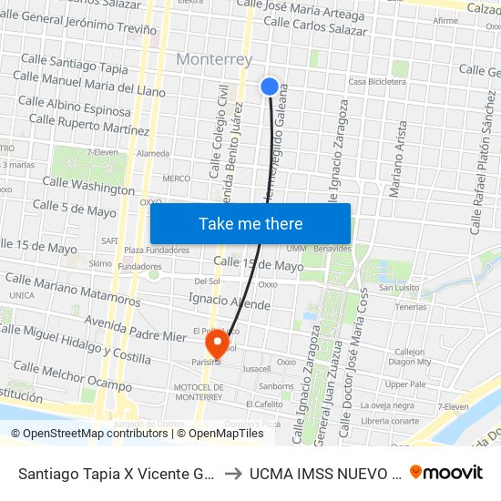 Santiago Tapia X Vicente Guerrero to UCMA IMSS NUEVO LEON map