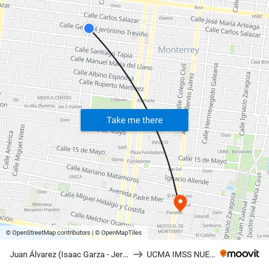 Juan Álvarez (Isaac Garza - Jerónimo Treviño) to UCMA IMSS NUEVO LEON map