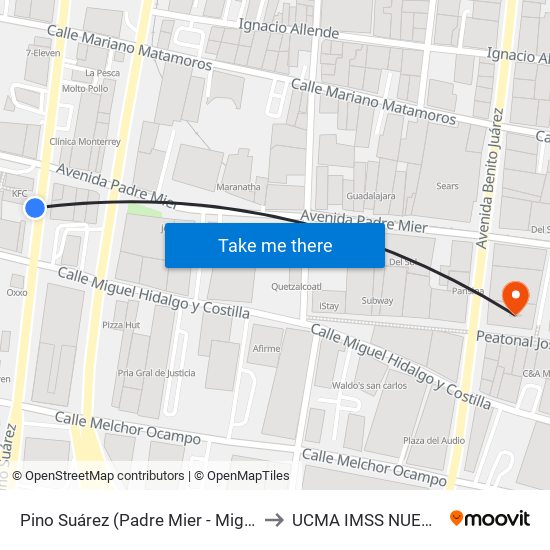 Pino Suárez (Padre Mier - Miguel Hidalgo) to UCMA IMSS NUEVO LEON map