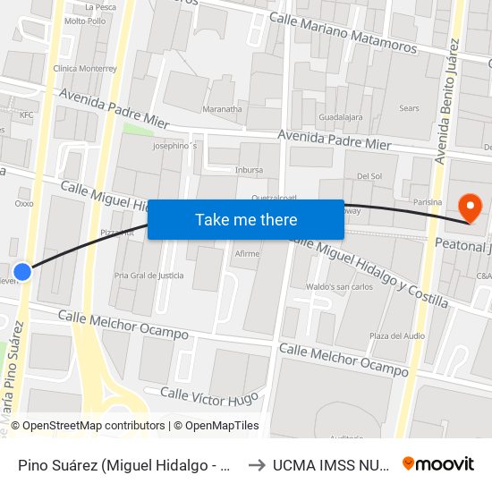 Pino Suárez (Miguel Hidalgo - Melchor Ocampo) to UCMA IMSS NUEVO LEON map